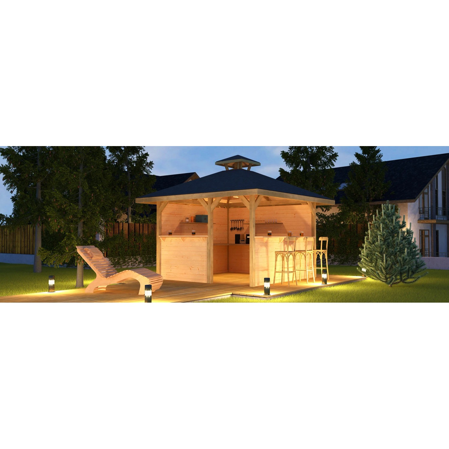 Weka Freizeitlaube Rimini Spar-Set 304x304 cm mit Tresen, Stühlen und Liege im Garten.