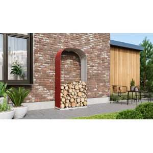 Vitavia Kaminholzregal Ardor 401 hoch Rubin, gefüllt mit Holzscheiten. Witterungsbeständiger Holzunterstand.