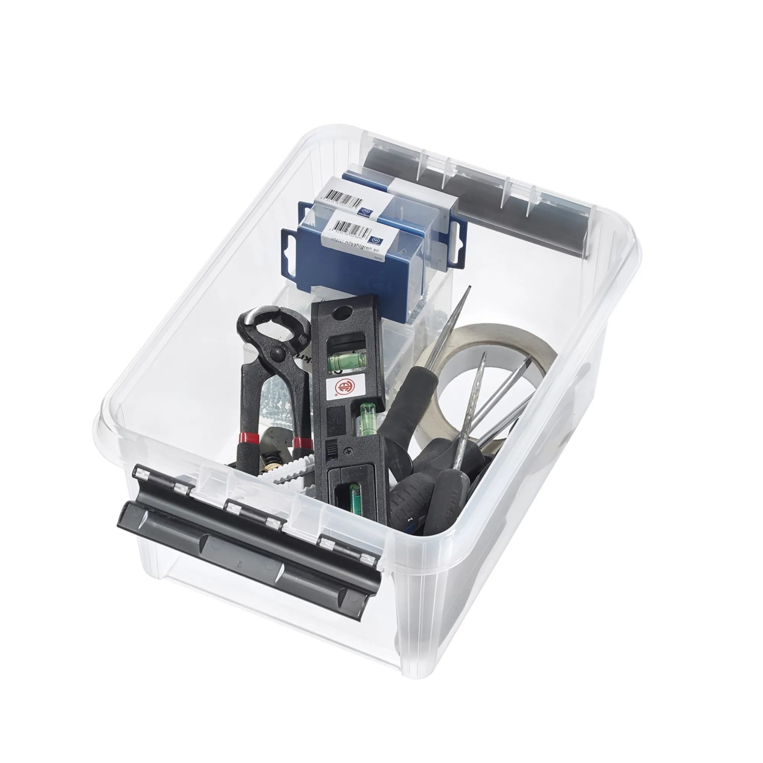 Transparente SmartStore Aufbewahrungsbox Classic 8 l mit Werkzeug gefüllt.
