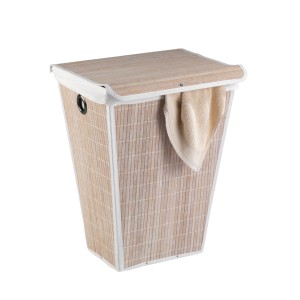 Konische, weiße Wenko Wäschetruhe Bamboo mit Deckel und Handtuch. Bad-Accessoire.