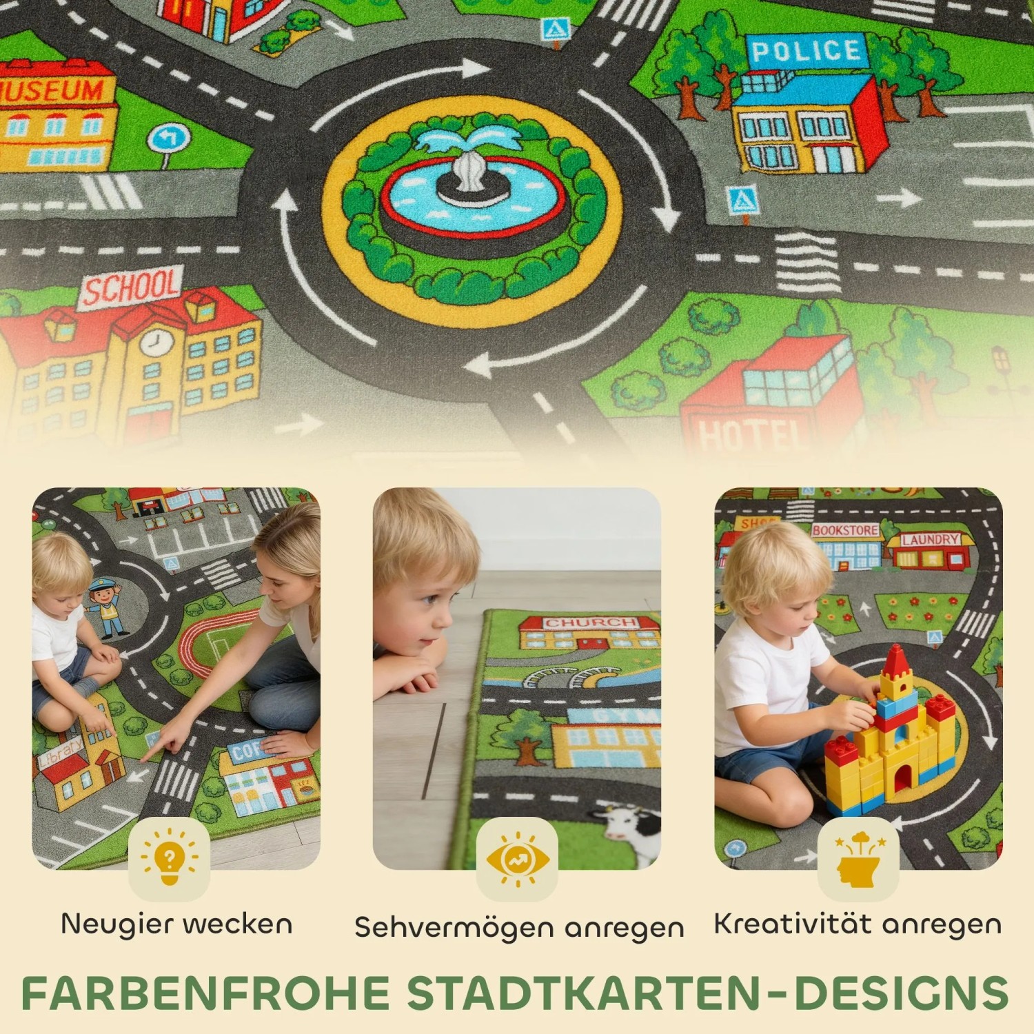 AIYAPLAY Spielmatte mit farbigem Stadtplan-Design: Straßen, Gebäude, Brunnen. Rutschfeste Bodenmatte aus Kunstfasern für Kinder.