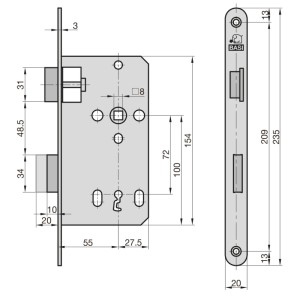 Skizze Basi Zimmertürschloss ES 927 BB DIN Rechts, Maße und Details zum Einsteckschloss.