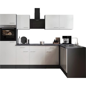 Respekta Winkelküche Oliver 280 cm in Weiß mit Elektrogeräten und Arbeitsplatte in Granitoptik.