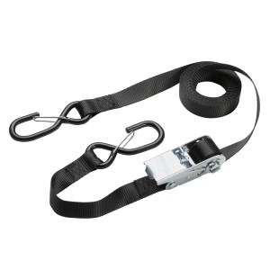 Schwarzer Master Lock Spanngurt mit Ratsche und S-Haken, 5 m lang.