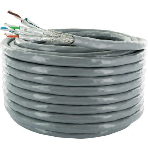Graues Schwaiger CAT 6a Netzwerkkabel S/FTP, 10 m, aufgerollt. Ideal für schnelle Datenübertragung.