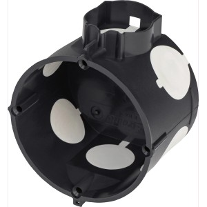 Schwarze Gerätedose, 45mm tief, mit weißer Membran und Schraubdomen für Unterputzmontage.