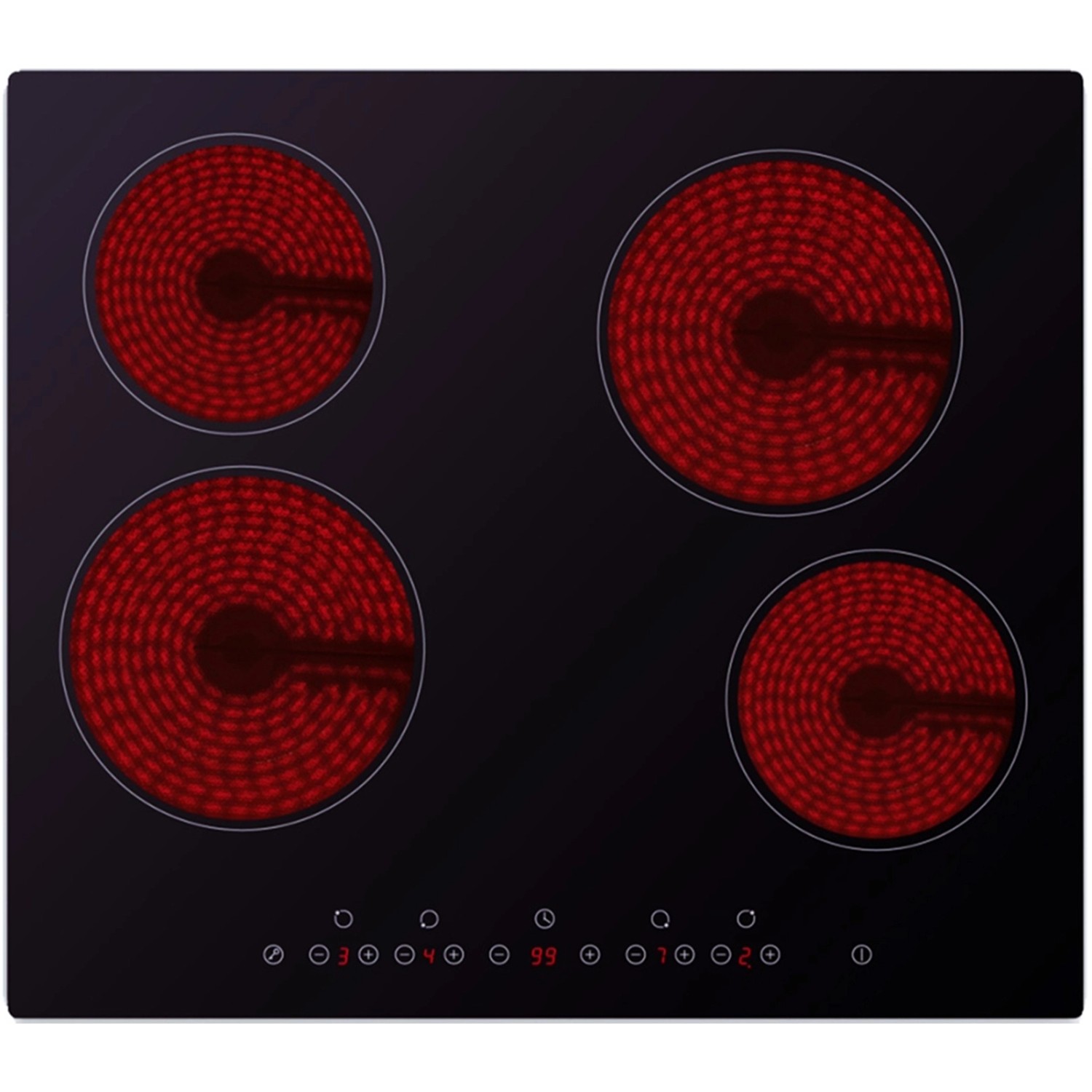 Schwarzes Glaskeramik-Kochfeld mit vier rot glühenden Kochzonen für die Flex-Well Exclusiv Küche.