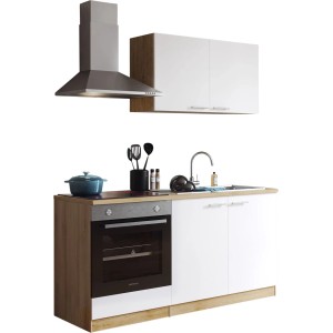 Respekta Küchenblock Merle 160 cm, Weiß/Eiche Optik mit E-Geräten und Spüle.