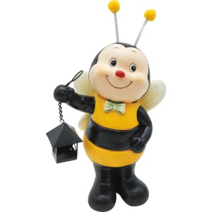 Mehrfarbige Gartenfigur Biene mit Laterne, 27 cm hoch, aus Polyresin für den Außenbereich.