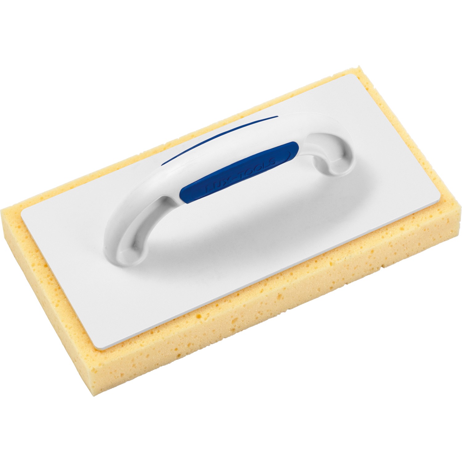 LUX Fliesenwaschbrett Comfort, 140x280mm, Kunststoff, mit gelbem Schwamm und weißem Griff.