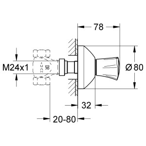 Technische Zeichnung Grohe Costa UP-Ventil Oberbau mit Maßen und Markierung Rot.
