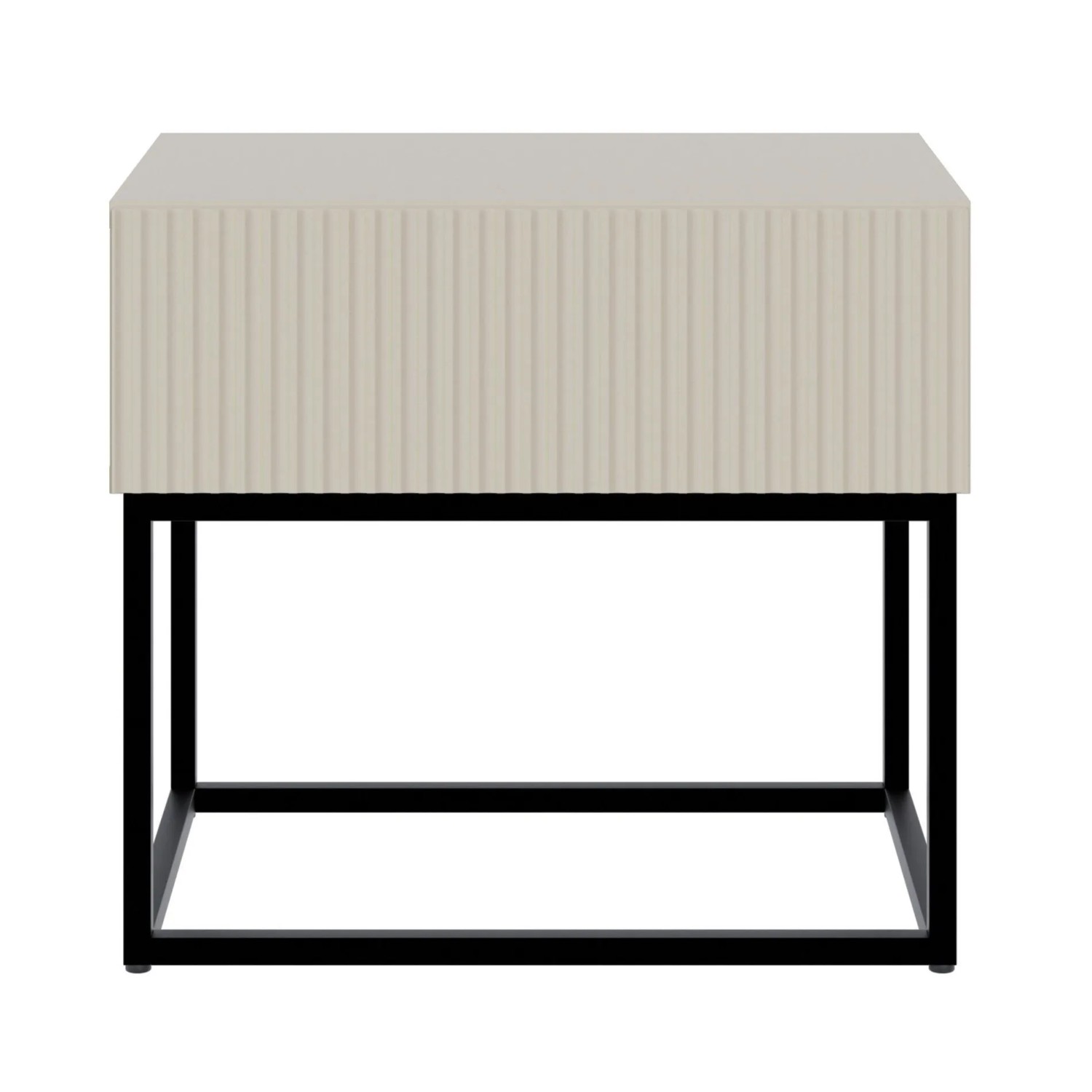Selsey Veldio Nachttisch 50 cm mit greiger Rillenfront und schwarzem Metallgestell. Moderne Schlafzimmer-Kommode.