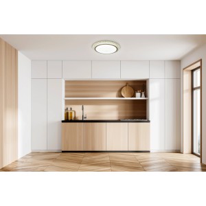 Näve LED-Deckenleuchte Madison, 48 cm, in einer modernen Küche. Runde Form mit Diamant-ähnlichen Facetten.