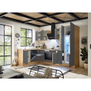 Respekta Winkelküche Marleen in Artisan Eiche und Grau Matt mit E-Geräten.