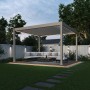 Freistehende Weide Deluxe Aluminium-Pergola in Sand mit elektrischem Lamellendach, LED-Beleuchtung und Lounge-Set auf Terrasse.