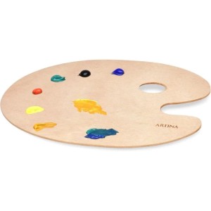 Artina Malpalette aus Holz mit Farbtupfern, Teil des Santorini Malsets.