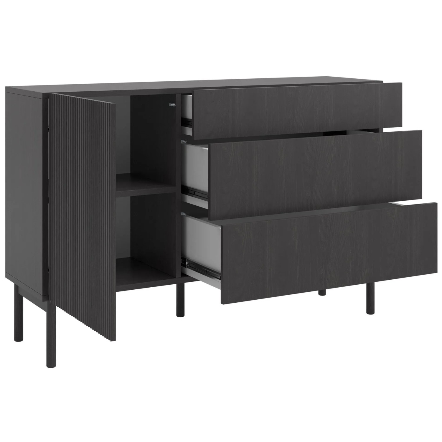 Schwarzes Selsey Nolie Sideboard, 140 cm, mit offener geriffelter Tür, zwei Fächern und drei offenen Schubladen. Moderne Japandi Kommode.