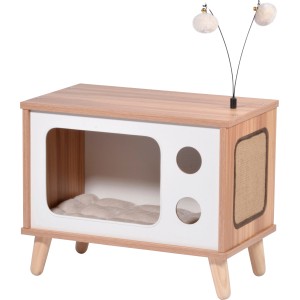Dobar Katzenhöhle im TV-Design, braun-weiß, mit Spielbällen und Kratzfläche.
