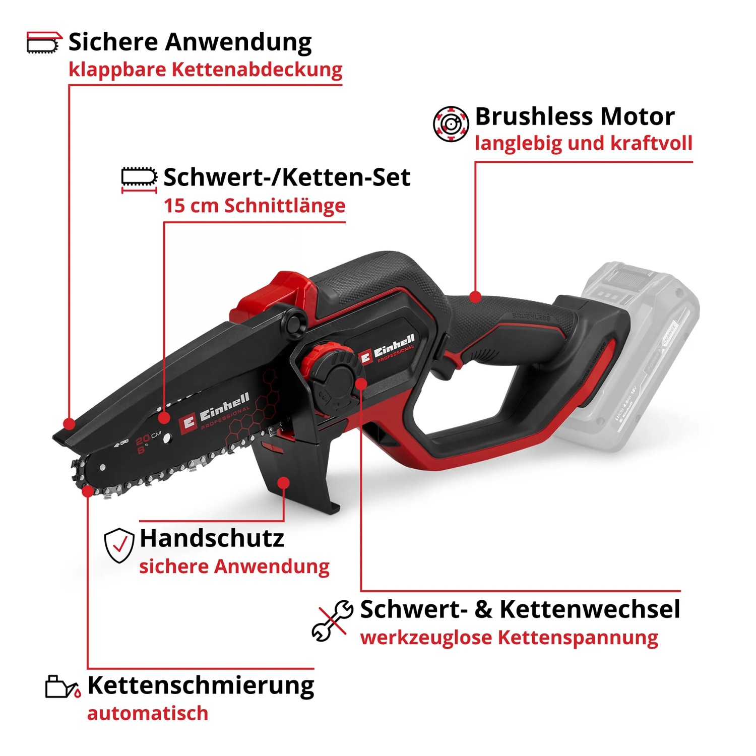 Einhell Akku-Astkettensäge GP-PS 18/20 Li BL-Solo: Kompakte Kettensäge für Gartenarbeiten.