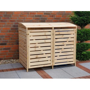 Mülltonnenbox Vario III aus Kiefernholz für 2 Tonnen, naturbelassen und mit Lamellenstruktur.