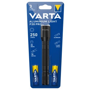 Varta Aluminium Light F20 Pro Taschenlampe mit Batterien in Verpackung.