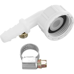 LUX Winkelverschraubung Ø 10 mm, weiß, mit Schlauchschelle für sichere Schlauchverbindung.
