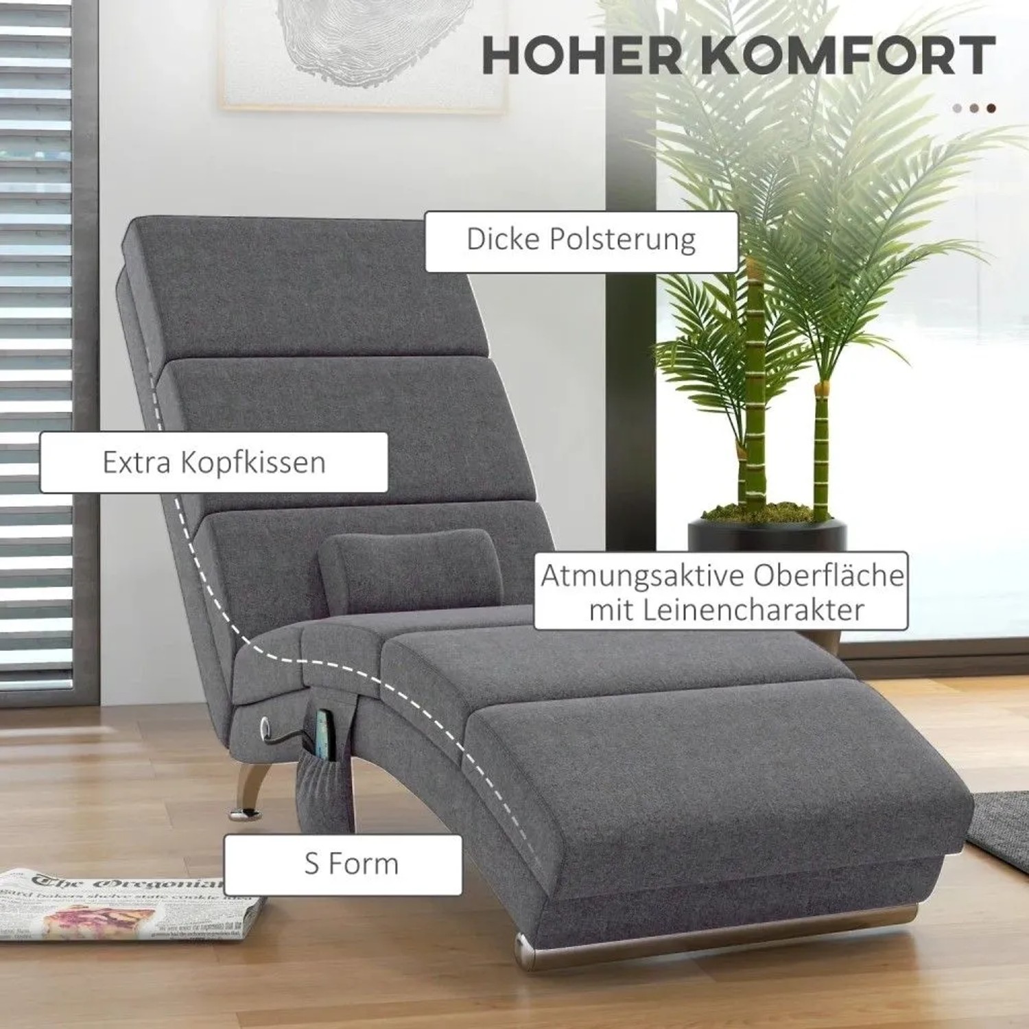 Dunkelgraue HOMCOM Relaxliege mit S-Form, dicker Polsterung, Kopfkissen und Massagefunktion für Komfort.