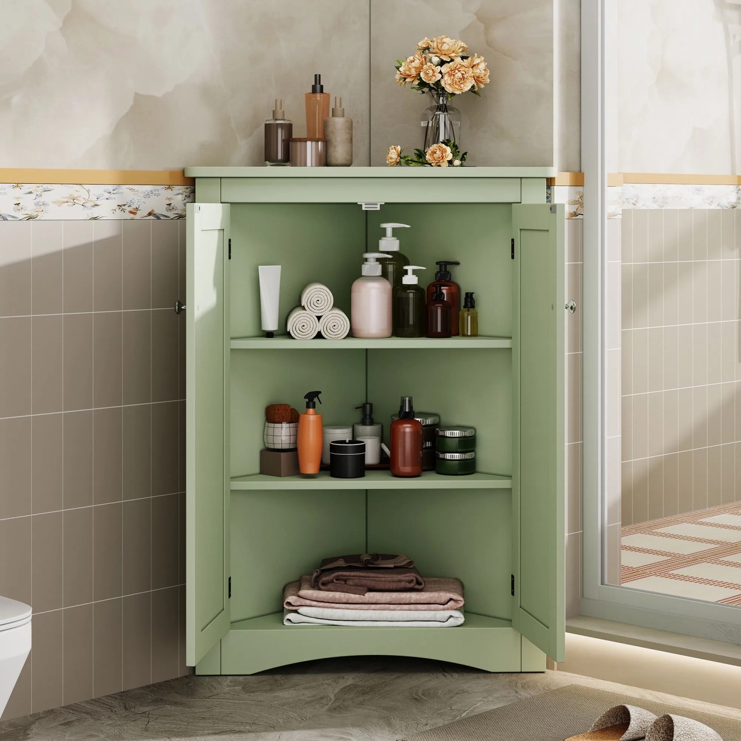 okwish Eckschrank mit 2 Türen 3 Ebenen Lackoberfläche Dreiecksschrank 61.5x80cm Grün_4