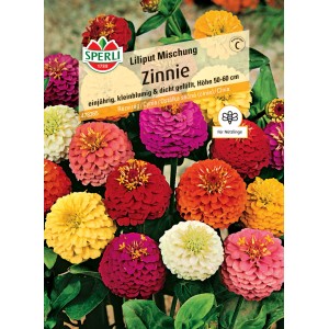 Samenpackung Sperli Zinnie Liliput Mischung mit farbenfrohen Pomponblüten.