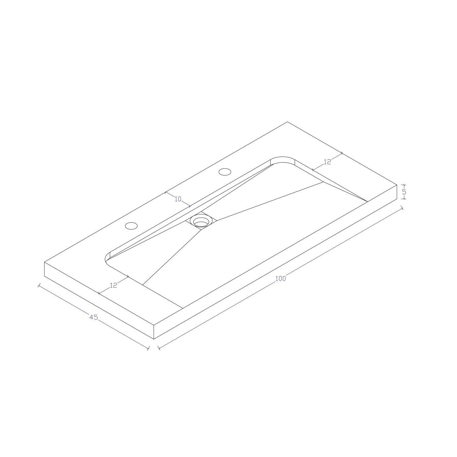 Technische Zeichnung: Posseik Badmöbel Granit G654 Yamo, 100 cm, Waschbecken mit Hahnlöchern.