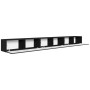 Schwarzes Selsey Veldio TV-Hängeboard mit geöffneten Lamellenfronten, sechs Fächern und schwebender Optik. 300 cm lang.