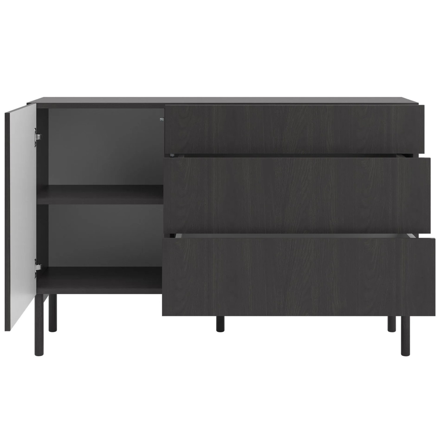 Selsey Nolie Sideboard, 140 cm, in Portland-Esche Schwarz. Eine offene Tür zeigt zwei Fächer, daneben drei Schubladen. Modernes Design.
