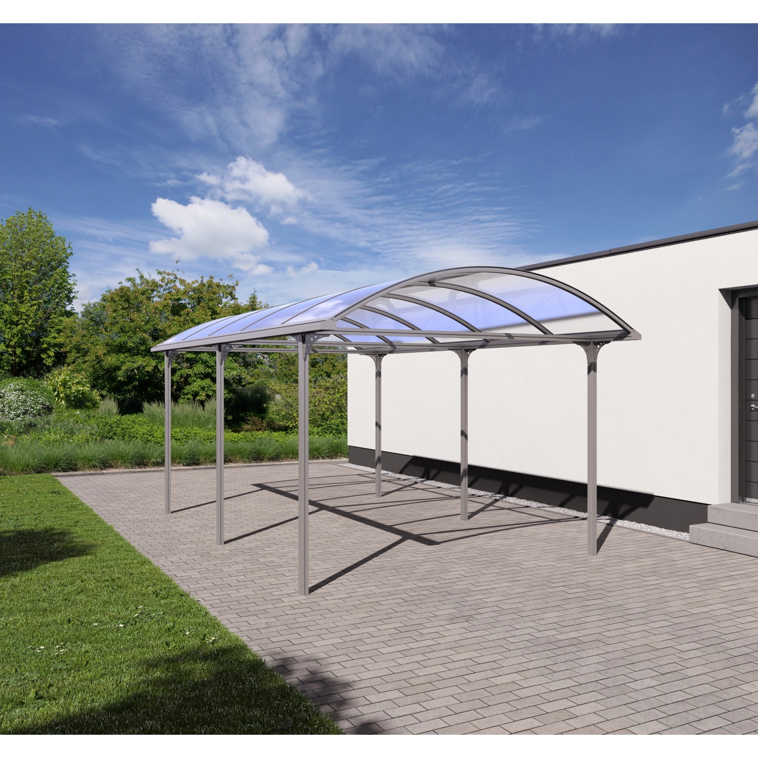 KGT Runddach Carport Elbe, Einzelcarport mit Aluminium-Konstruktion und gebogenem Dach.