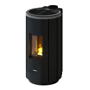 Freepoint Pelletofen Chrome 7 kW, Stahl Titangrau, mit Sichtfenster und Flamme.