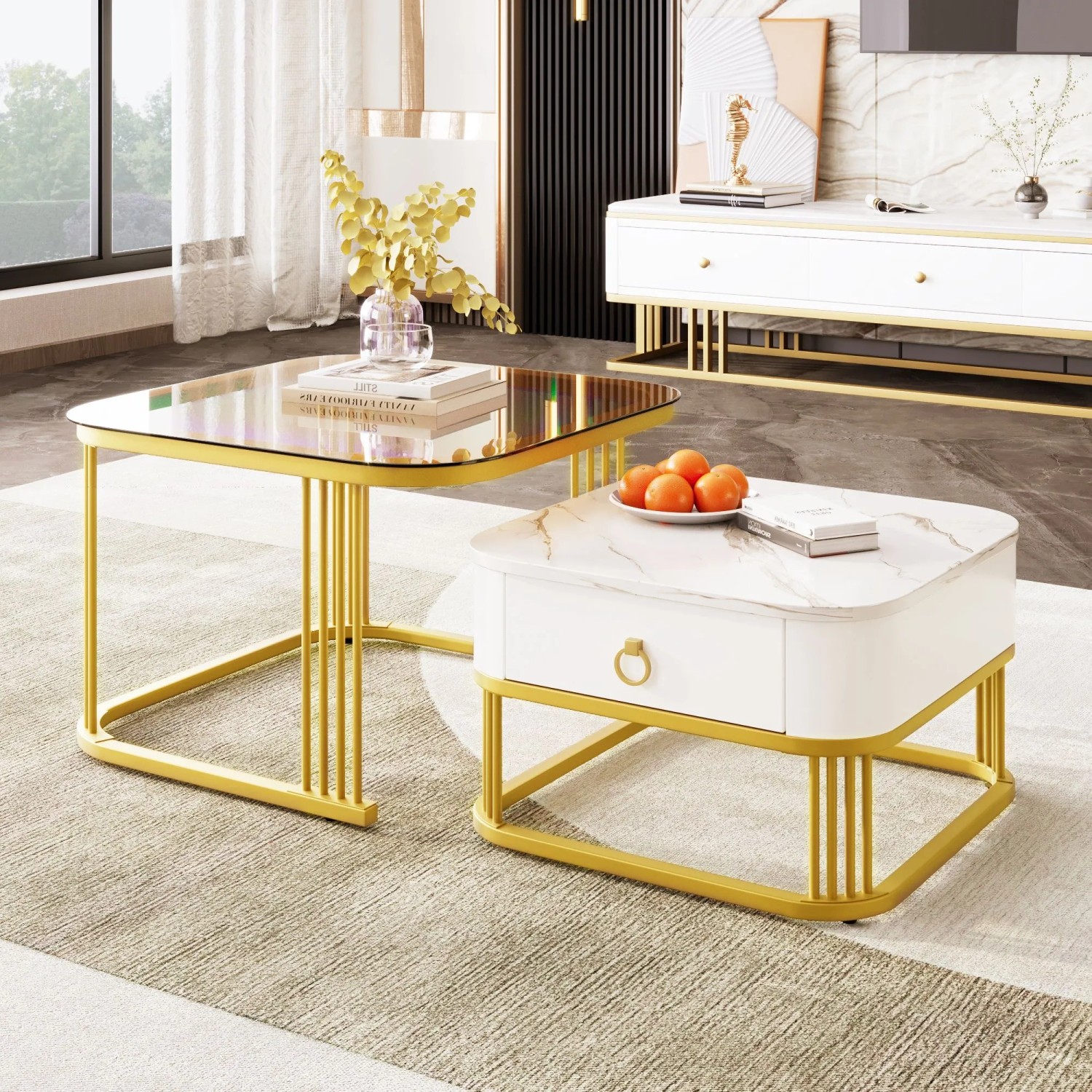 okwish Stapelbarer Couchtisch Beistelltisch mit Schubladen/Glasplatte Gold kaufen bei OBI