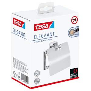 Verpackung des Tesa Elegaant Toilettenpapierhalters mit Deckel, Chrom, zur Wandmontage ohne Bohren.