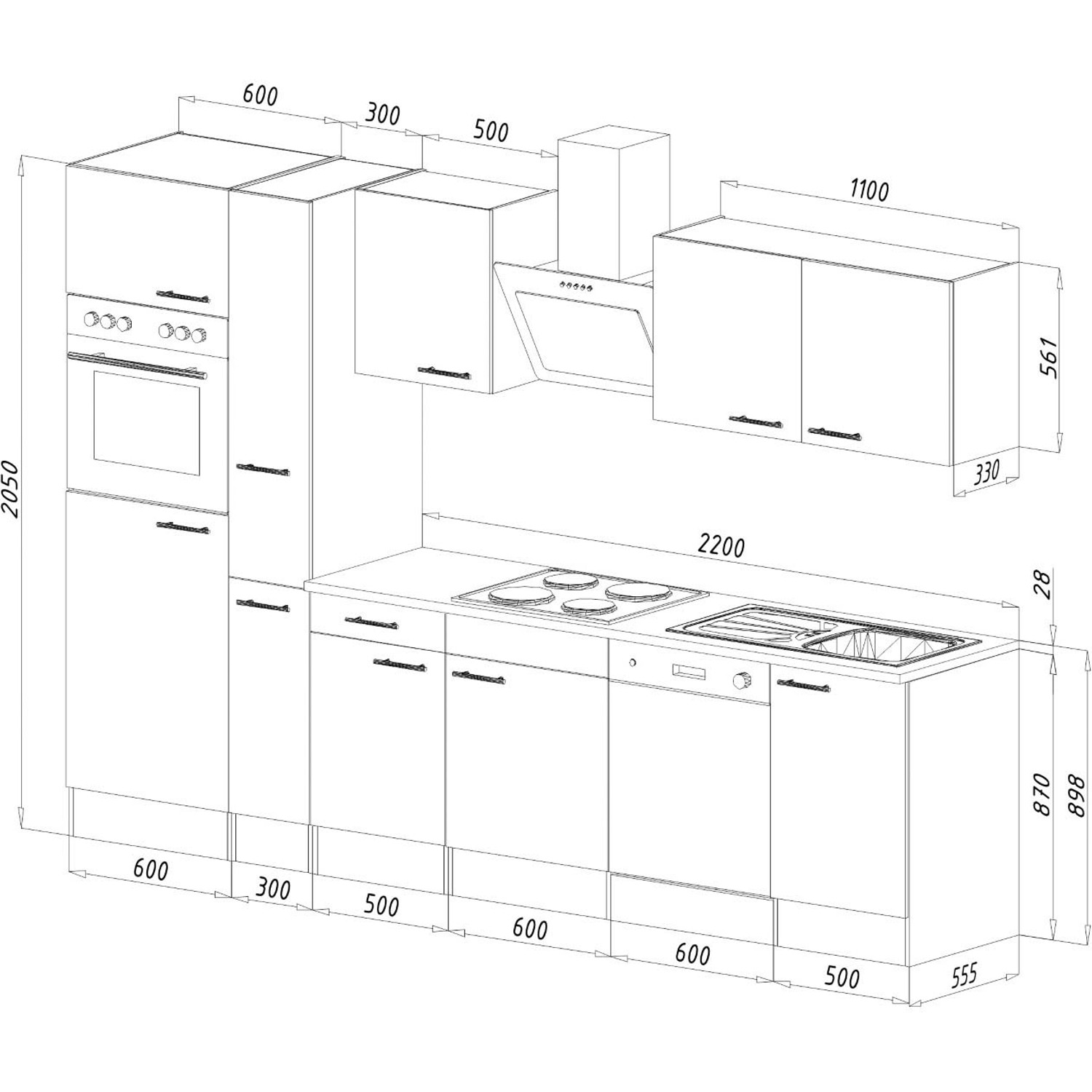 Skizze der Respekta Küchenzeile 310 cm in Weiß Seidenglanz und Eiche York ohne E-Geräte.