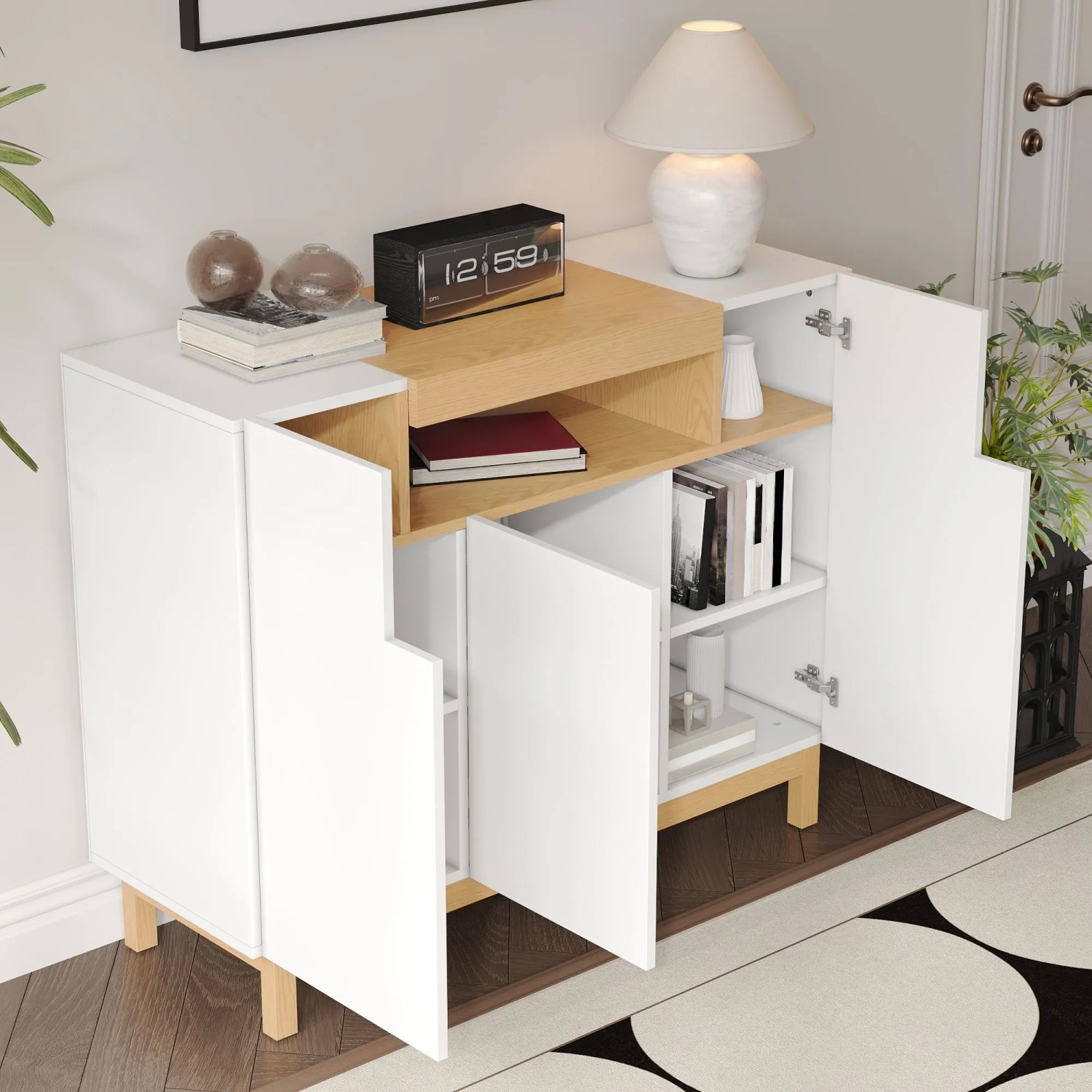 okwish Sideboard mit 3 Türen Wohnzimmer Esszimmer 120.5x42x96cm Weiß_4