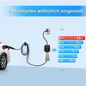 Weißes Junsun 22kW Typ 2 EV Ladegerät lädt Elektroauto mit einstellbarem Strom (6-32A).
