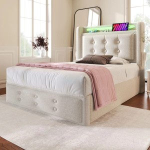 okwish Polsterbett 90x200cm mit LED Kopfteil USB Ladefunktion Jugendzimmer Beige mit Matratze