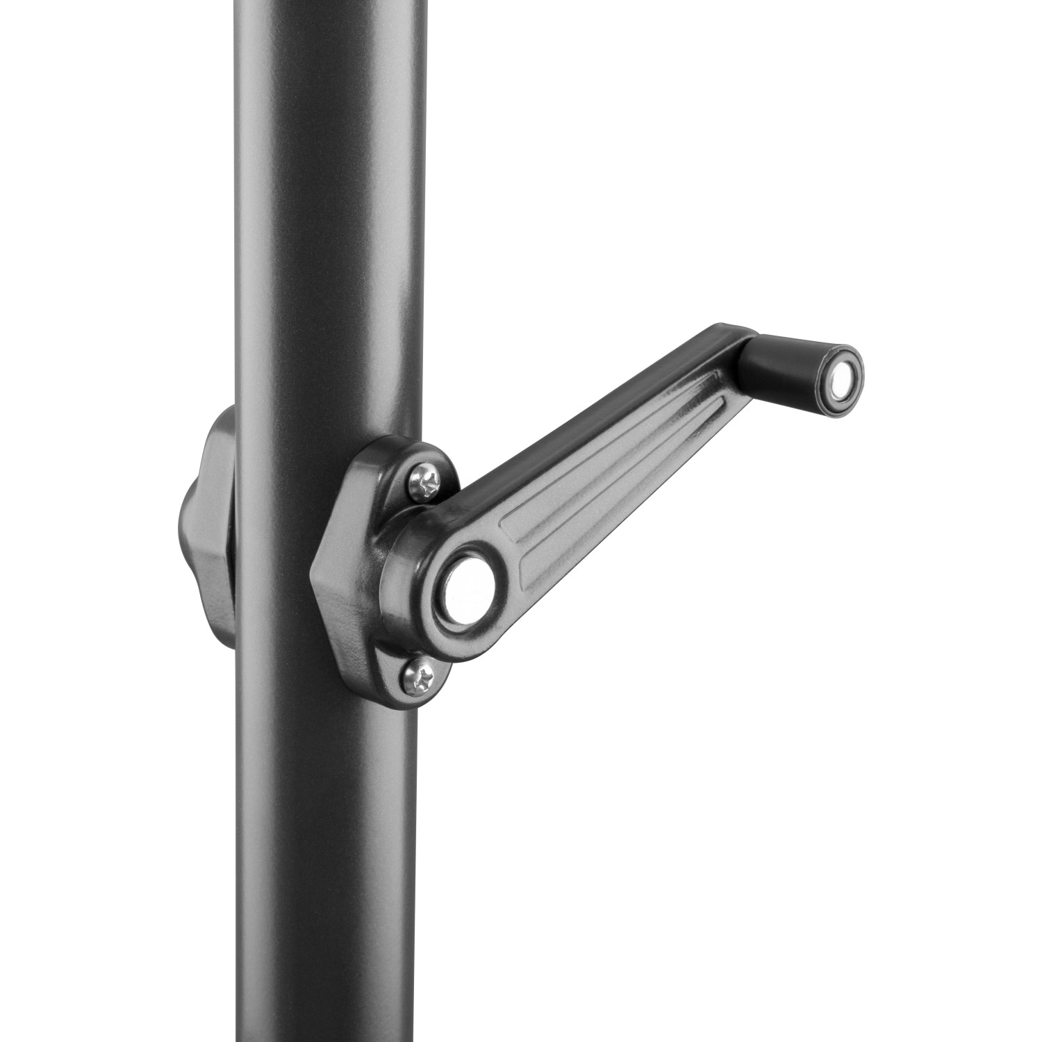 Detailaufnahme: Kurbelmechanismus des silbergrauen Schneider Marktschirms.