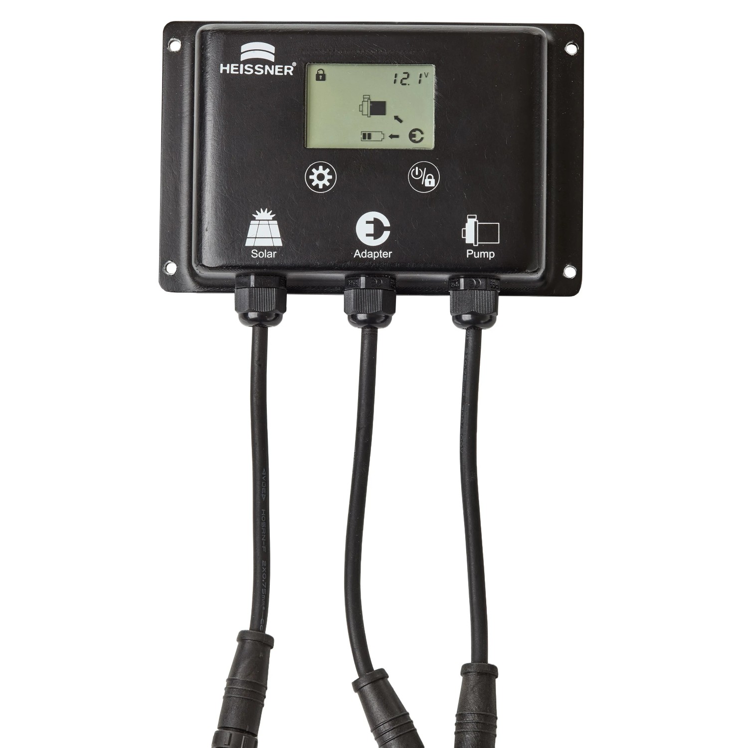 Heissner Hybridbox für Solar-Teichpumpen-Set mit Anschlüssen für Solar, Adapter und Pumpe.