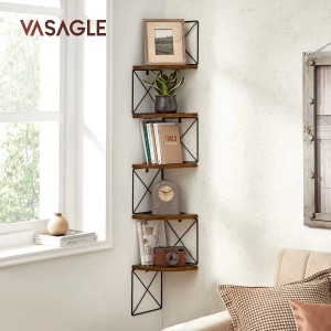 Vasagle Eckregal mit 5 Ebenen im Zickzack-Design in Braun-Schwarz. Ideal zur Eck-Dekoration.