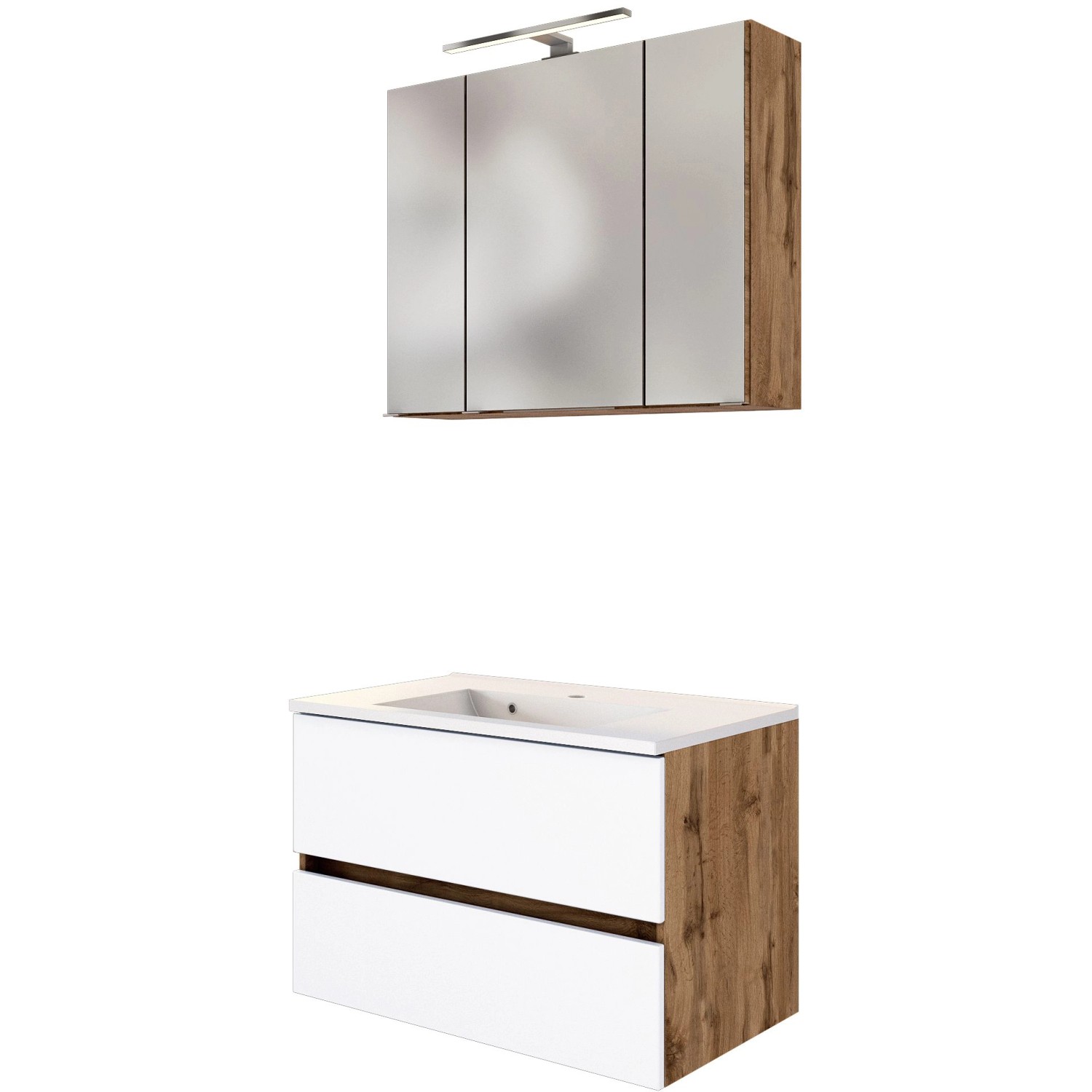 Held Möbel Waschtisch-Set Bari, 80 cm, matt Weiß und Wotaneiche, mit Spiegelschrank und LED-Leuchte.
