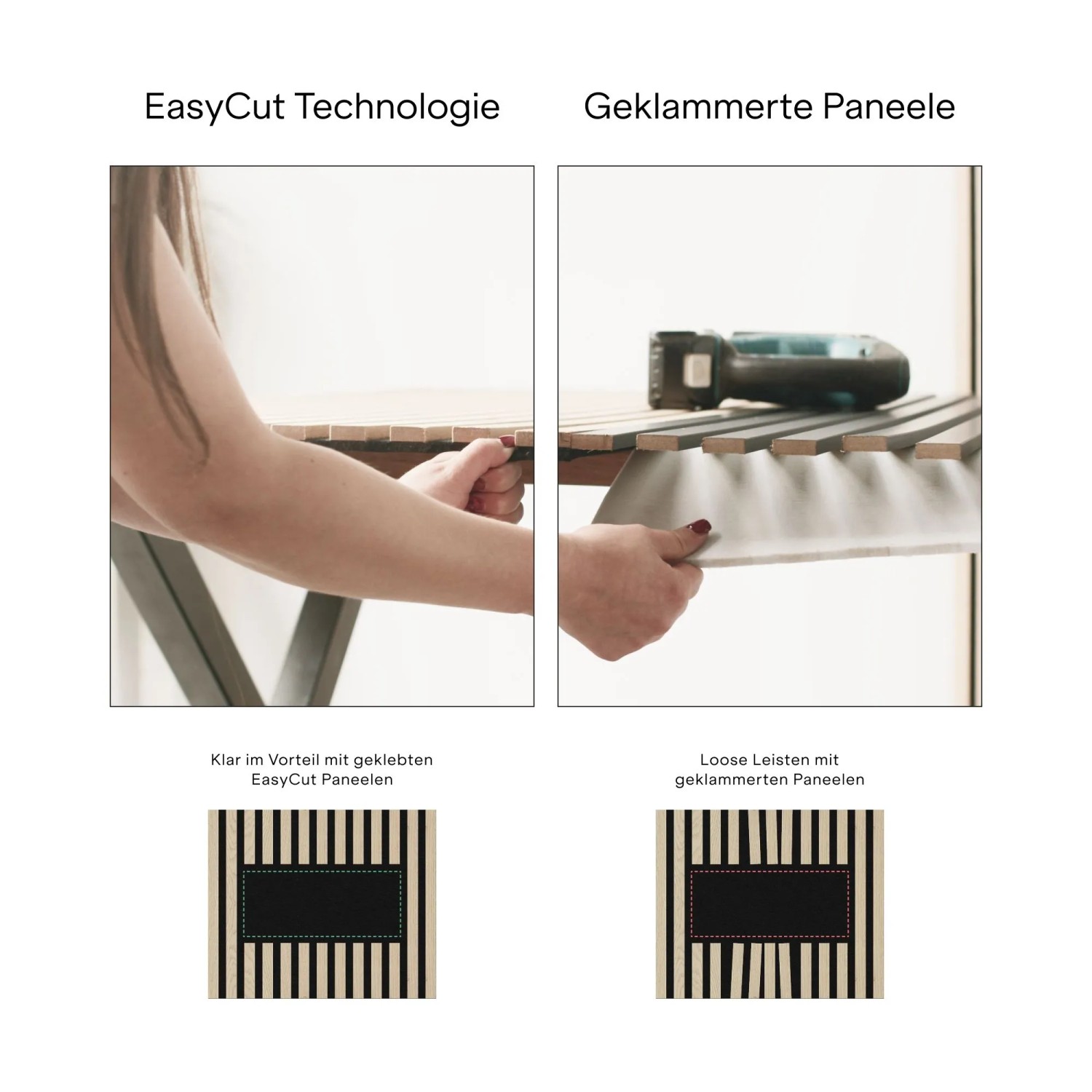 Amadeo Akustikpaneel EasyCut Technologie: Feste Leisten für präzisen Zuschnitt, im Gegensatz zu geklammerten Paneelen.