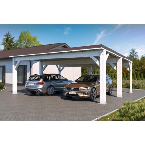 Holzbrüder Carport Ralf 42 in Reinweiß-Dunkelbraun mit zwei geparkten Autos.