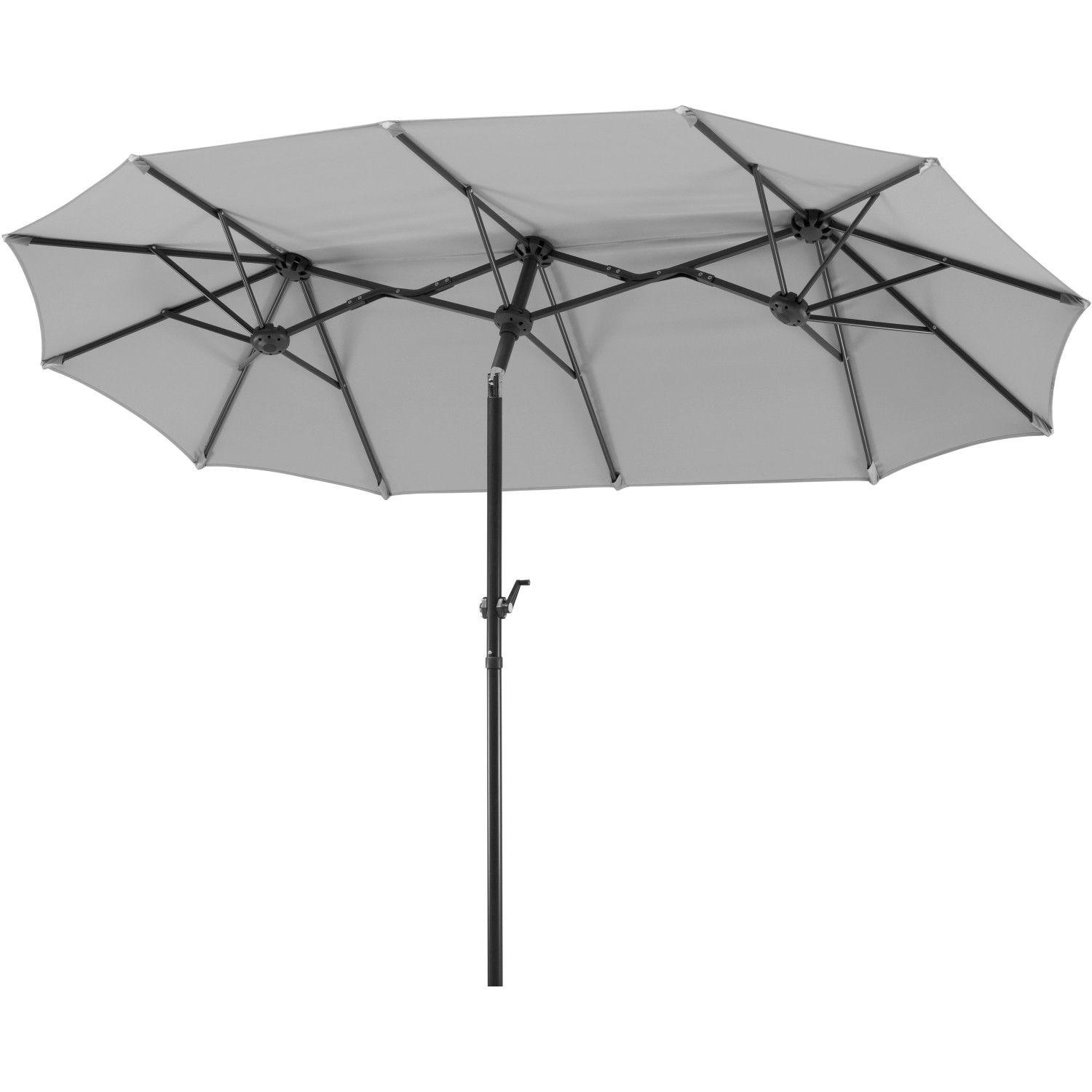 Silbergrauer Schneider Marktschirm mit Knickfunktion, ideal für sonnige Tage im Garten oder auf dem Balkon.
