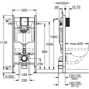Technische Zeichnung: Grohe Element für WC Rapid SL, Maße und Details für Trockenbau.