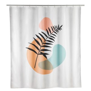 Wenko Duschvorhang Colares mit abstraktem, mehrfarbigem Muster und schwarzem Blattmotiv.