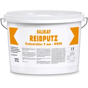 Eimer Silikat Reibputz, Kratzstruktur 2 mm, weiß, 25 kg. Mineralischer Oberputz für Außen.